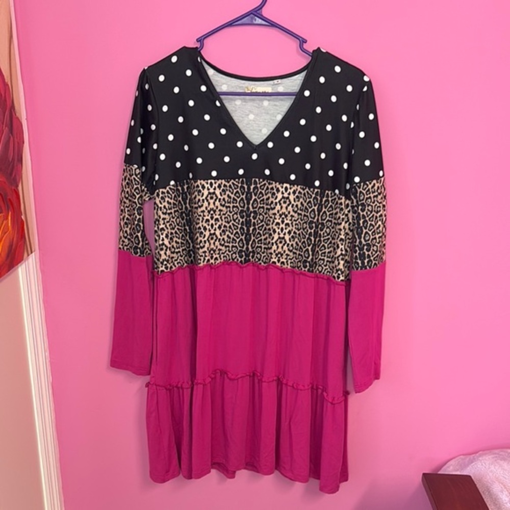 BOHO Polka Dot and Leopard Print Pink Dress sz small